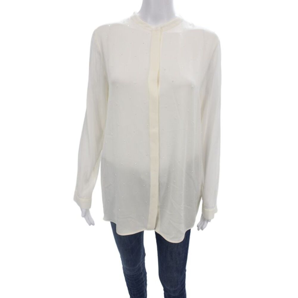 Fabiana Filippi Womens Beige Silk Blend Long Sleeve Button Up Blouse Size L